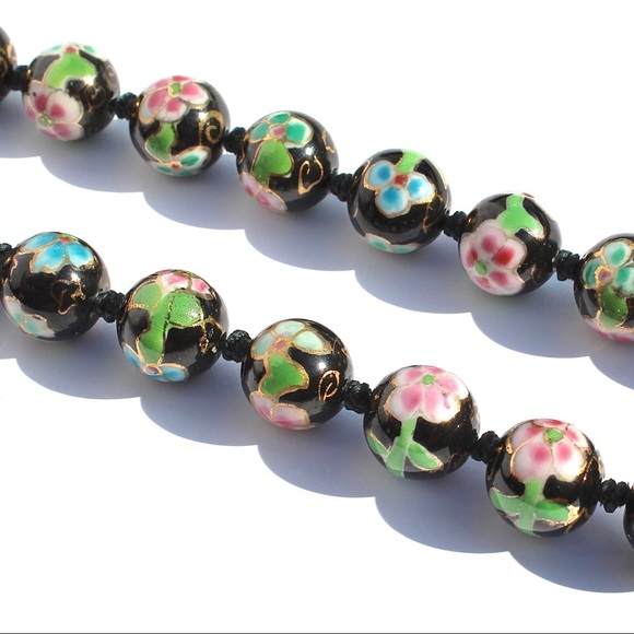 Vintage Chinese Knotted Cloisonne Beaded Necklace Strand Large Black Beads 26.5” - Picture 5 of 6